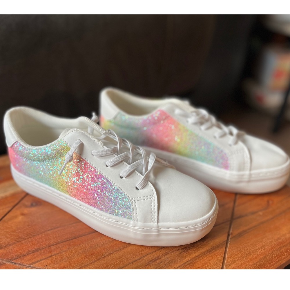 Glitter Rainbow Sneakers White Lace Up Casual Shoes Women's Size EU 38/US‎ 7.5